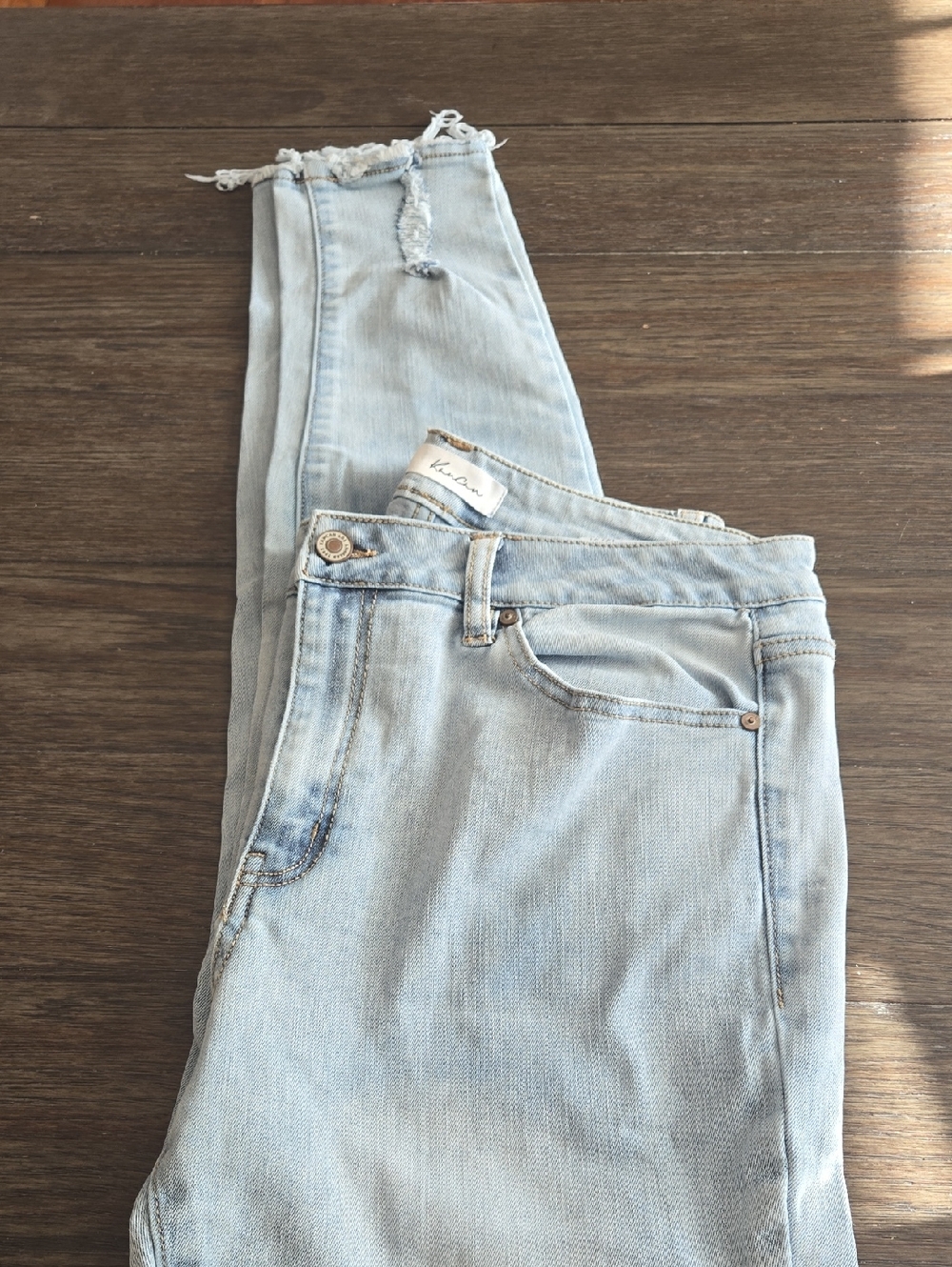 KanCan Light Wash Skinny Jeans with Frayed Ankles